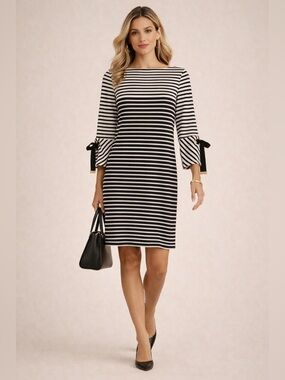 Lauren Ralph Lauren Striped Cotton Dress Bow Sleeve Work Career S